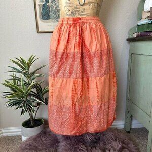 Kaaku Tie Dye Orange Floral Tiered MIDI Boho Tie Waist Free Size Skirt Hippie